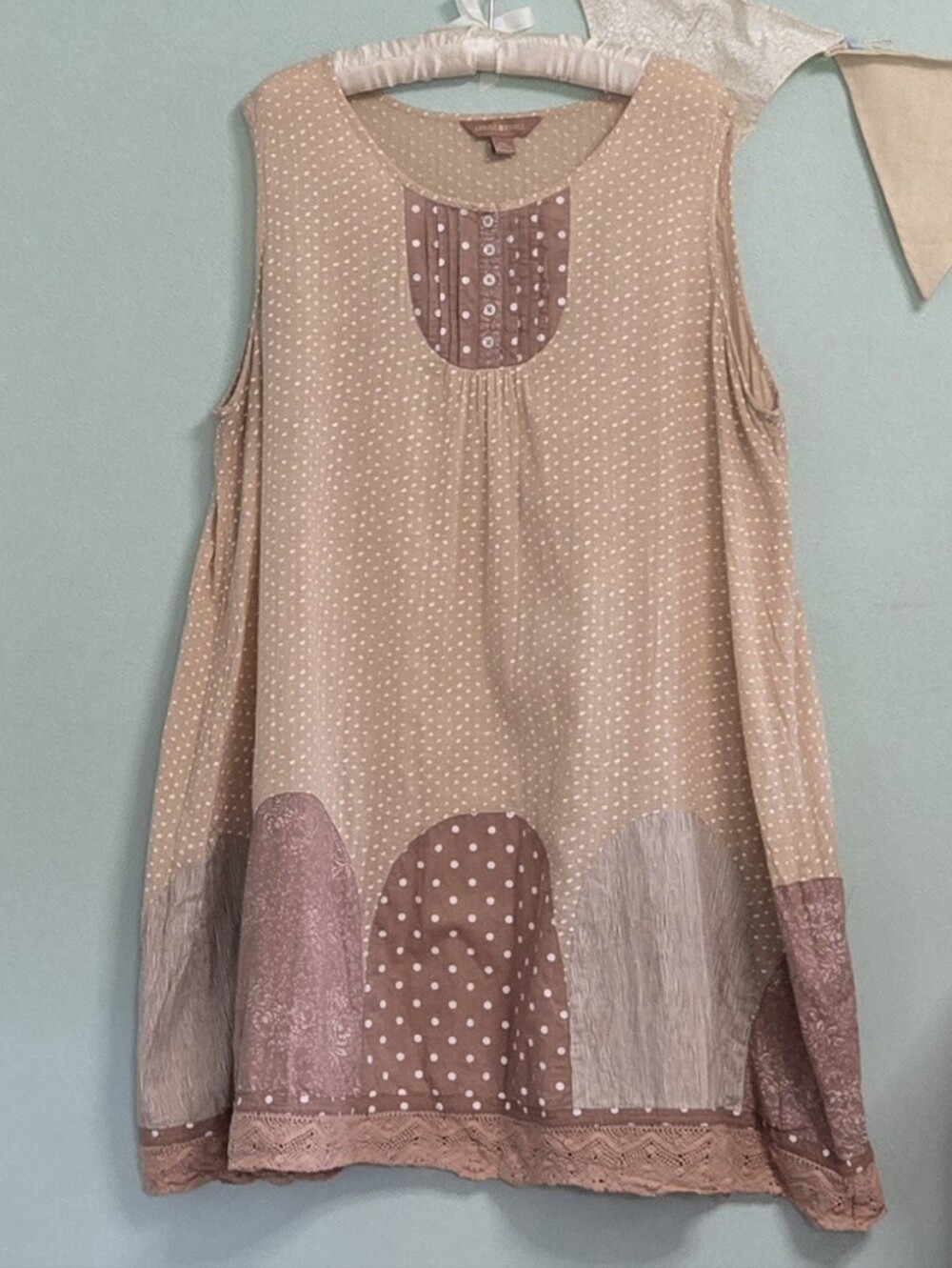 April Cornell Terri Gathered Lace Trim Partchwork 100% Indian Cotton Dot Dress
